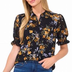 CeCe Floral Puff Sleeve Georgette Blouse